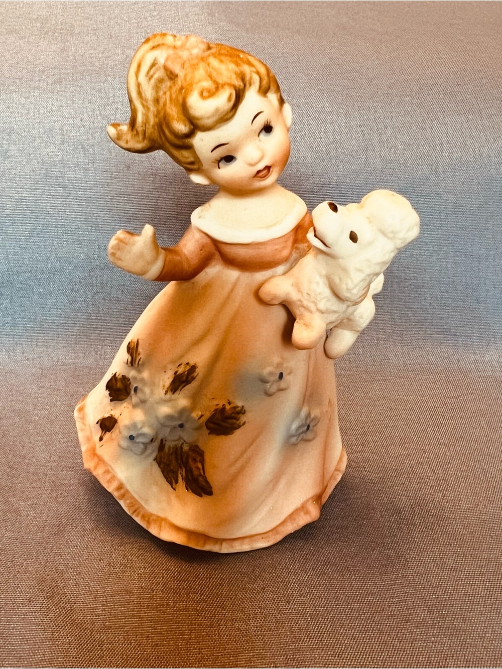 Lefton Peach and Cream Ceramic Girl Figurine with Puppy
